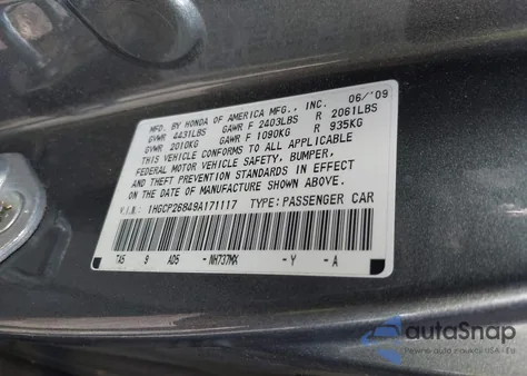 2009 Honda Accord 2.4 Ex-L from USA, damaged, VIN 1HGCP26849A171117